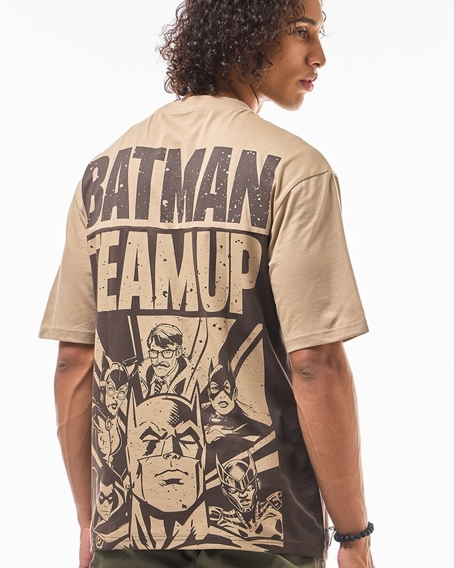 Shop Men's Brown Batman Teamup Graphic Printed Oversized T-shirt-Front