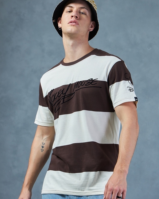 Shop Men's Brown & Beige Mickey Signature Striped Oversized T-shirt-Front