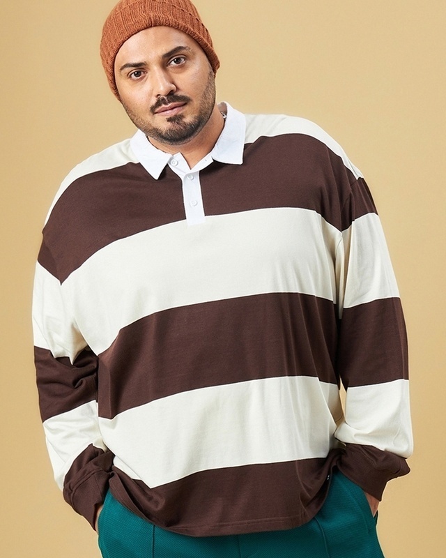 Shop Men's Brown & Beige Striped Oversized Plus Size Polo T-shirt-Front