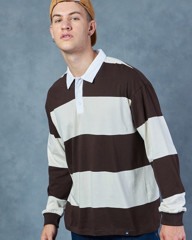 Shop Men's Brown & Beige Striped Oversized Polo T-shirt-Front