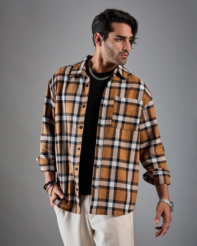 Shop Men's Brown & Black Checked Oversized Shirt-Front