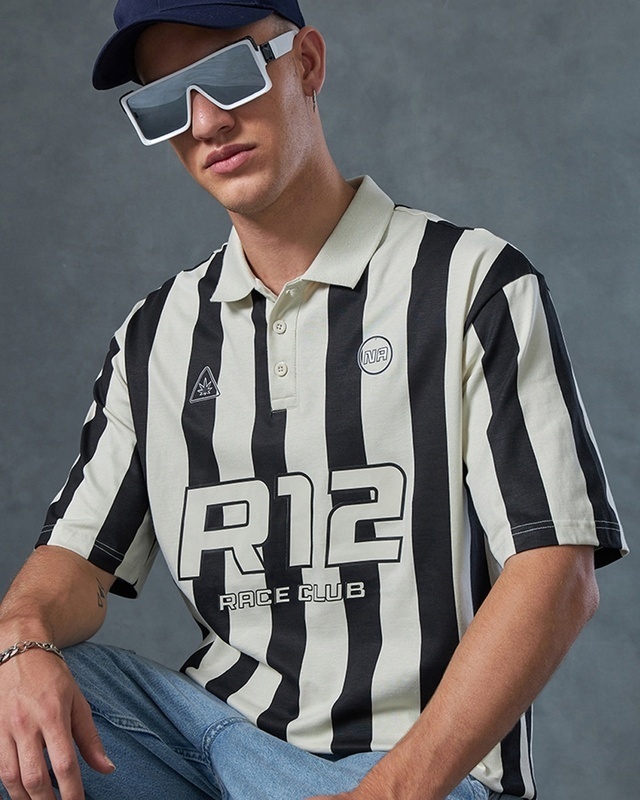 Shop Men's Brown & Black R12 Race Club Striped Polo T-shirt-Front
