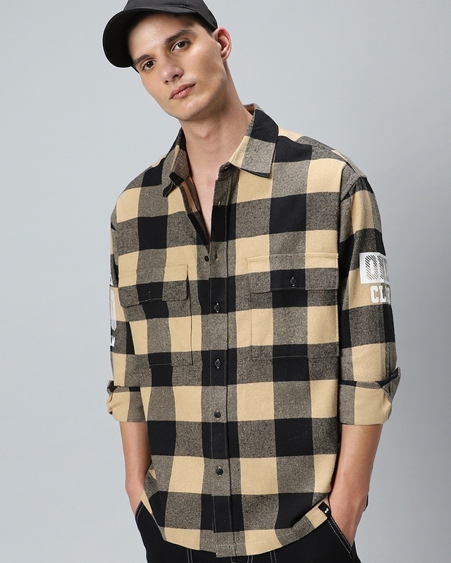 Shop Men's Brown & Black Run Checked Oversized Shirt-Front