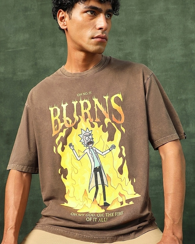 Men's Brown Burns Rick Graphic Printed Oversized Acid Wash T-shirt-Front Bewakoof Shop Men's Brown Burns Rick Graphic Printed Oversized Acid Wash T-shirt-Front