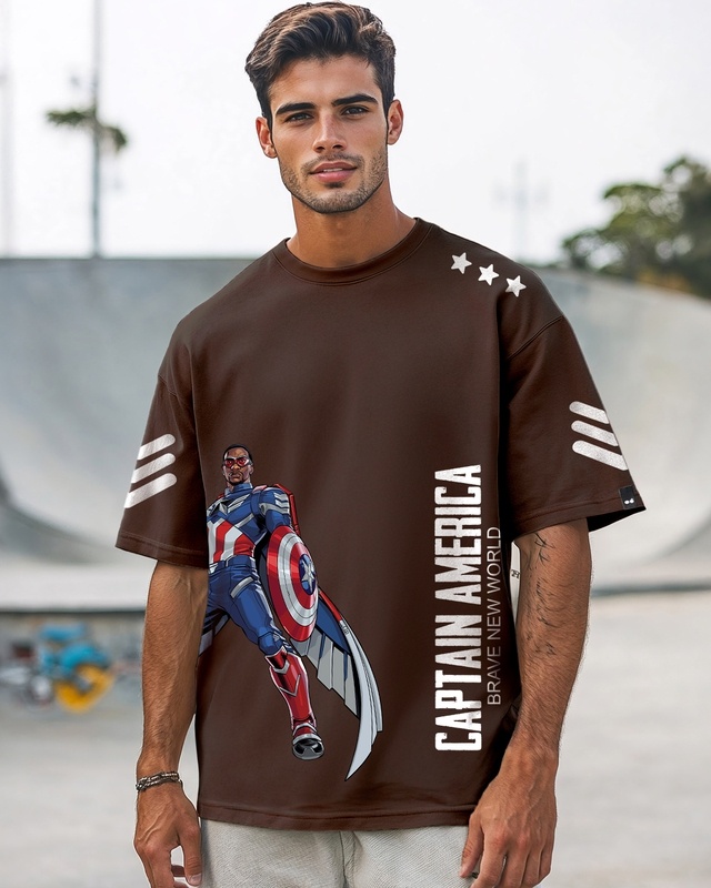 Shop Men's Brown Captain Graphic Printed Oversized T-shirt-Front