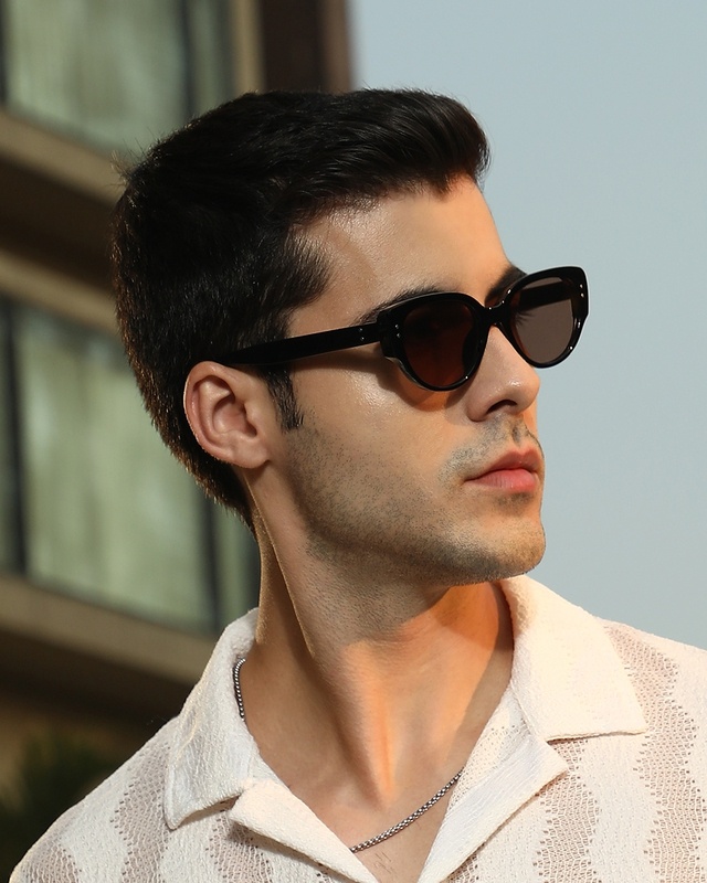 Shop Men's Brown Cateye Polarised Lens Sunglasses-Front