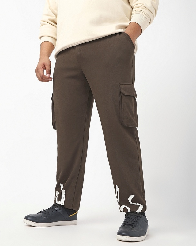 Shop Men's Brown Chaos Typography Oversized Plus Size Cargo Joggers-Front