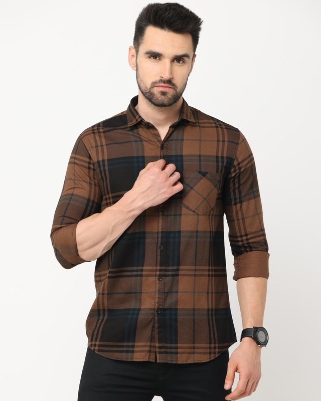 Shop Men's Brown Checked Slim Fit Shirt-Front
