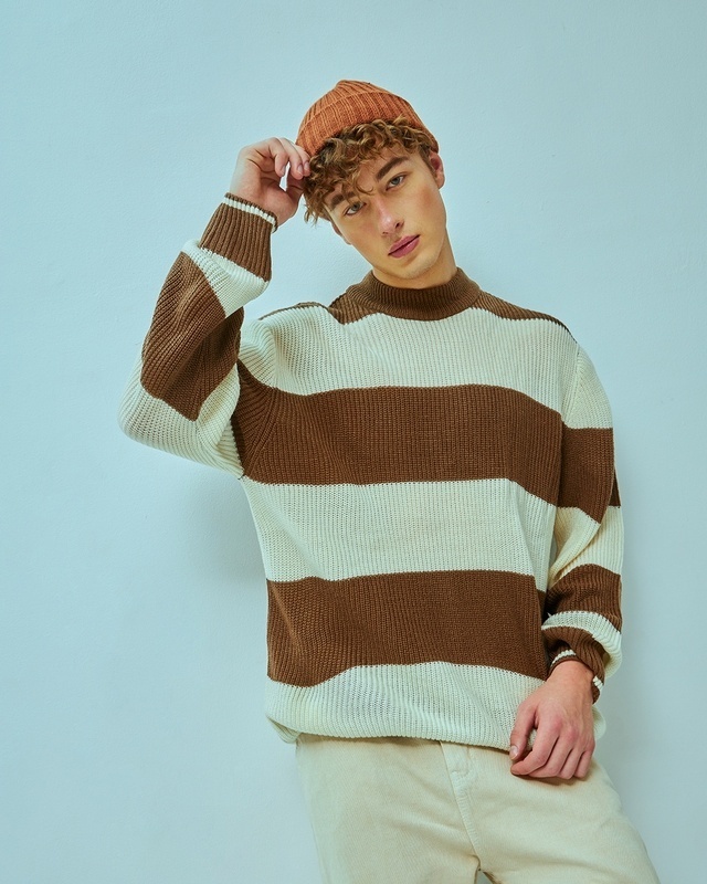 Shop Men's Brown Color Block Flat Knit Sweater-Front