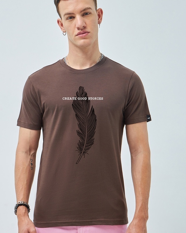 Shop Men's Brown Create Good Stories Graphic Printed T-shirt-Front
