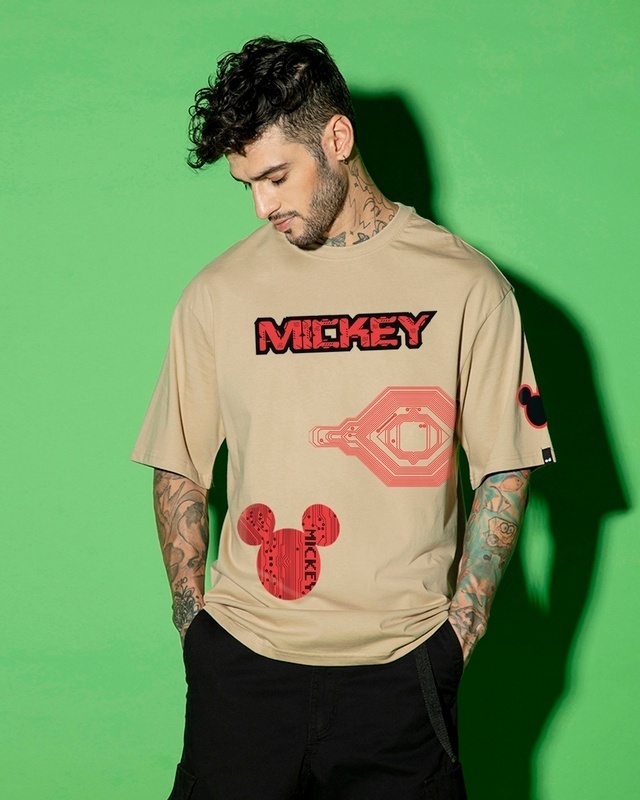 Shop Men's Brown Cyber Mickey Graphic Printed Oversized T-shirt-Front