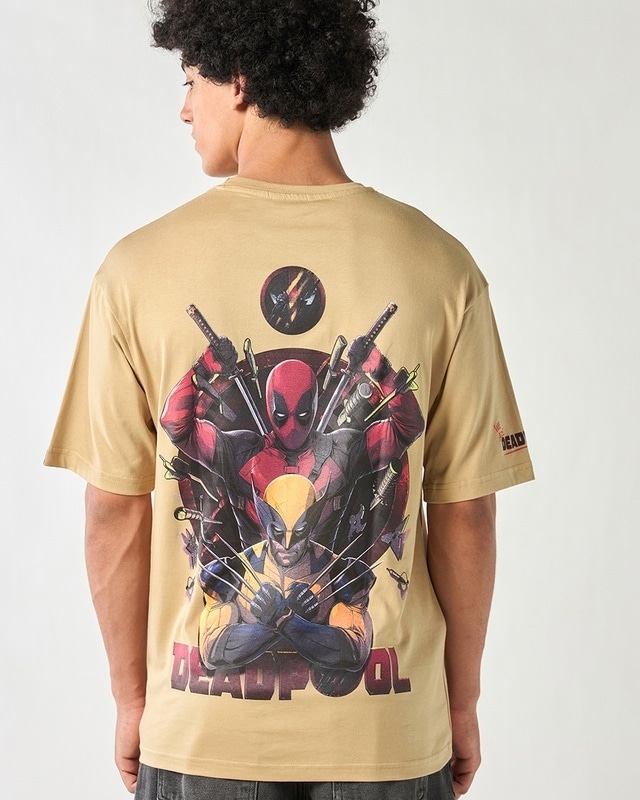 Shop Men's Brown Deadpool Duo Graphic Printed Oversized T-shirt-Front