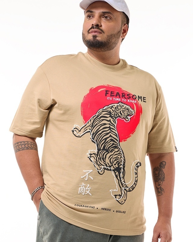 Shop Men's Brown Fear Some Graphic Printed Oversized Plus Size T-shirt-Front