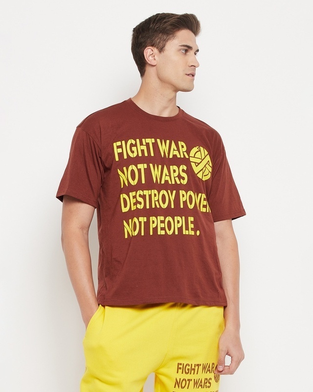 Shop Men's Brown Fight War Not Wars Typography Oversized T-shirt-Front