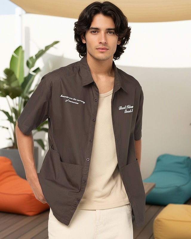 Men's Brown Typography Oversized Shirt-Front Bewakoof Shop Men's Brown Typography Oversized Shirt-Front