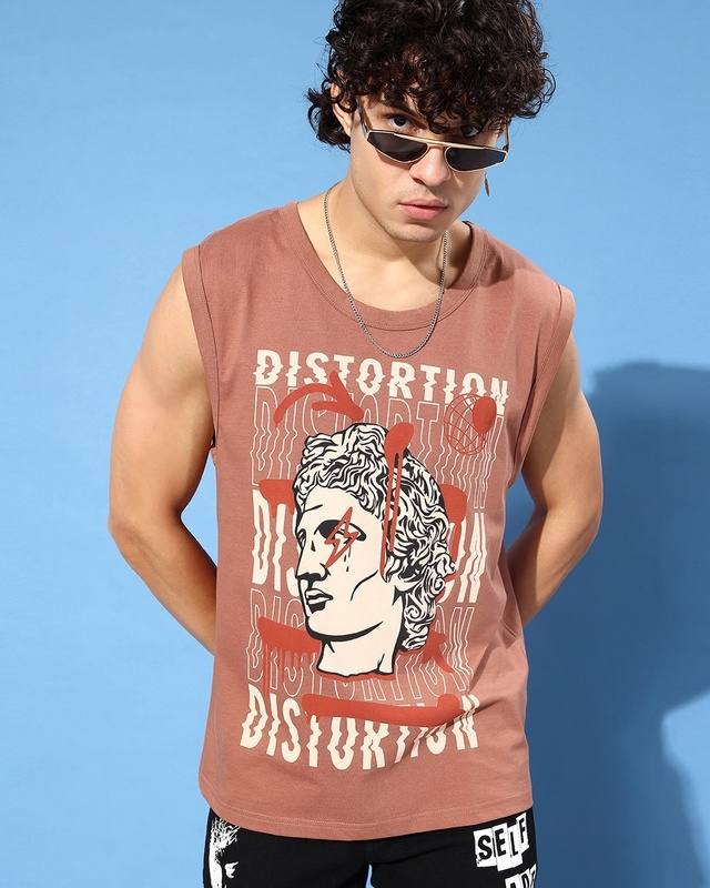 Shop Men's Brown Graphic Printed Oversized Vest-Front