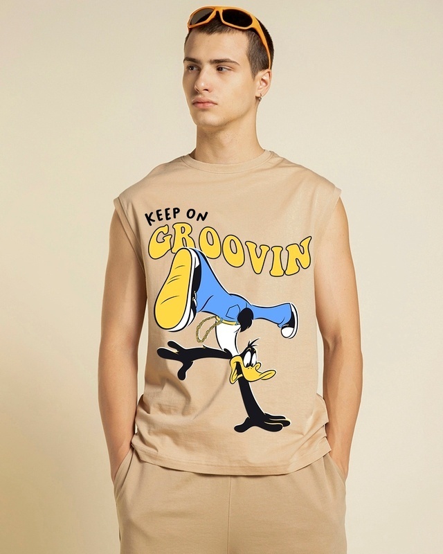 Shop Men's Brown Groovin Graphic Printed Boxy Fit Vest-Front
