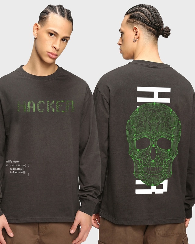 Shop Men's Brown Hacker Graphic Printed Oversized T-shirt-Front