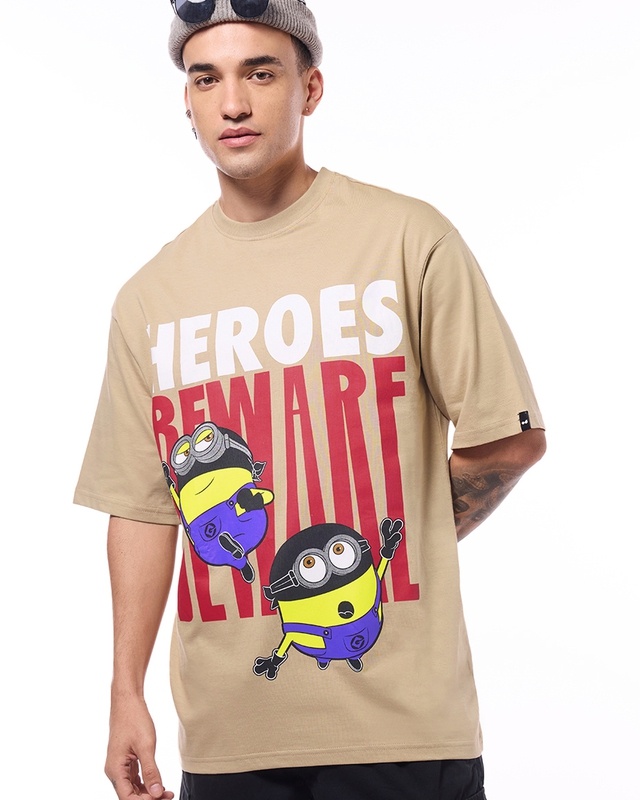 Shop Men's Brown Heroes Beware Graphic Printed Oversized T-shirt-Front