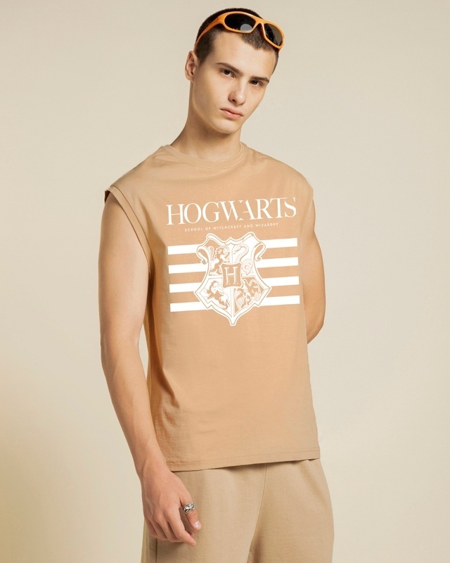 Shop Men's Brown Hogwarts Crest Graphic Printed Boxy Fit Vest-Front