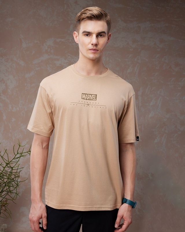 Shop Men's Brown Iron Man Typography Oversized T-shirt-Front