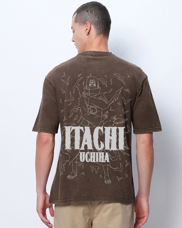 Shop Men's Brown Itachi Gen Graphic Printed Oversized Acid Wash T-shirt-Front