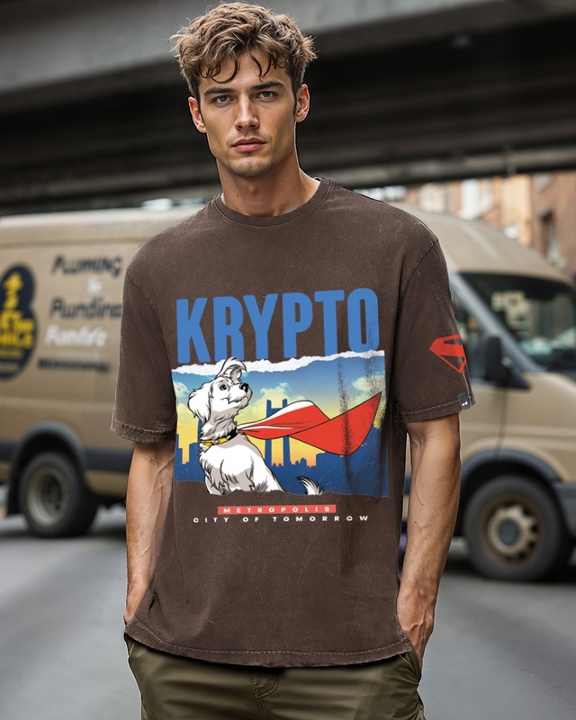 Shop Men's Brown Krypto Graphic Printed Oversized Acid Wash T-shirt-Front