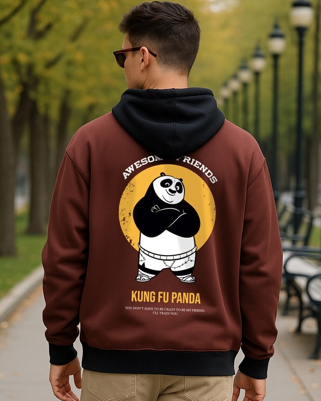 Men's Brown Kung Fu Panda Graphic Printed Oversized Hoodies