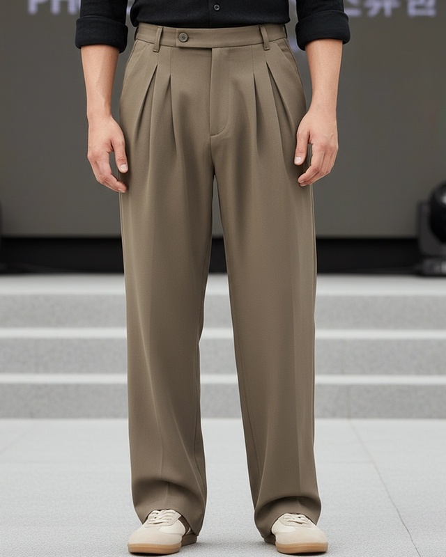 Shop Men's Brown Loose Fit Korean Pants-Front