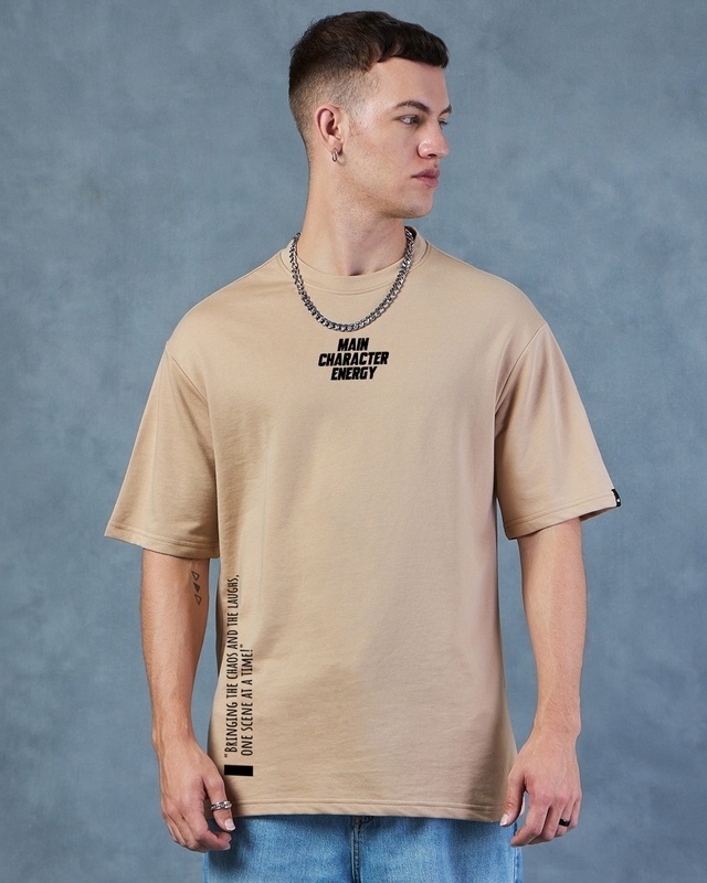 Shop Men's Brown Main Character Energy Graphic Printed Oversized T-shirt-Front