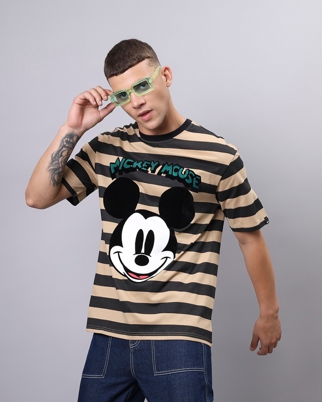 Shop Men's Brown & Black Mickey Striped Oversized T-shirt-Front
