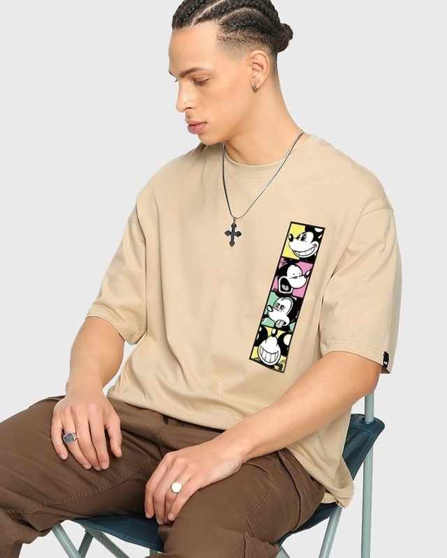 Shop Men's Brown Mickey faces Graphic Printed Oversized T-shirt-Front