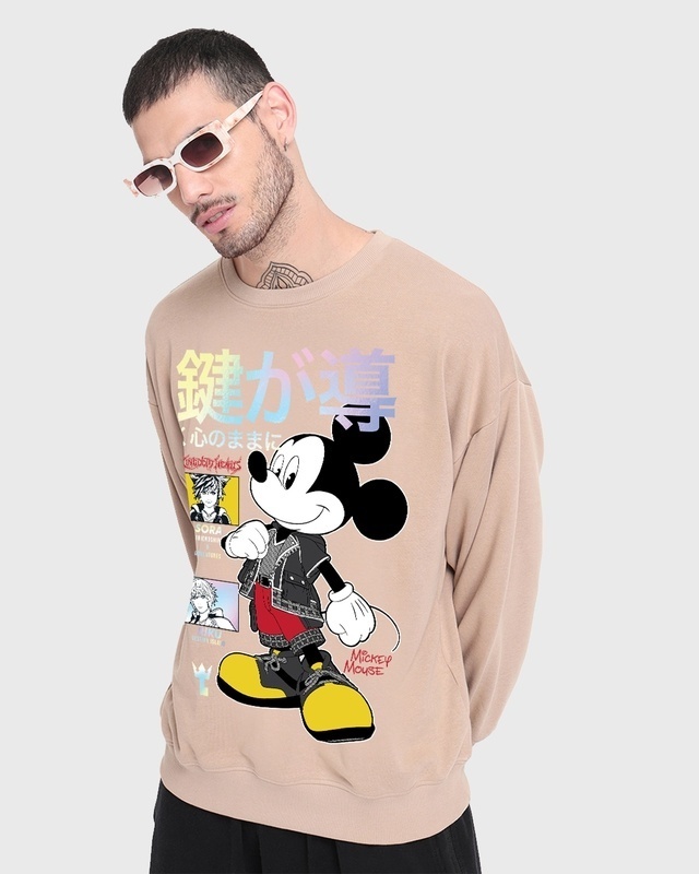 Shop Men's Brown Mickey Star Graphic Printed Oversized Sweatshirt-Front