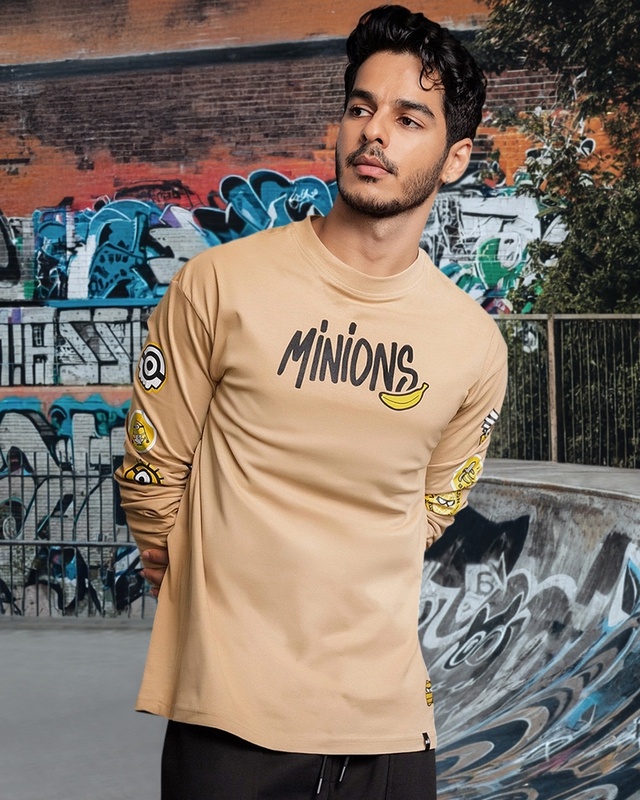 Shop Men's Brown Minion Badge Graphic Printed Oversized T-shirt-Front