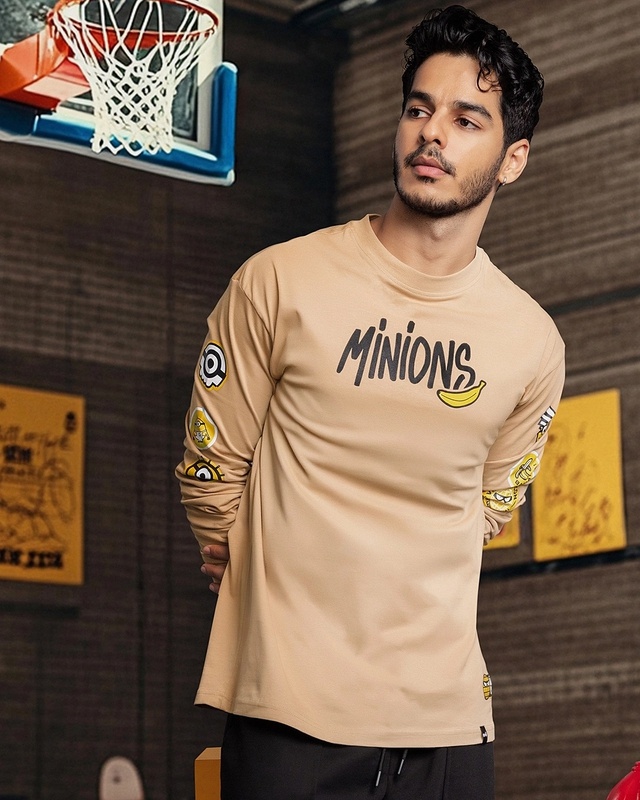 Shop Men's Brown Minion Badge Graphic Printed Oversized T-shirt-Front