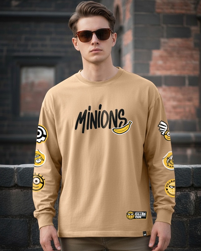 Shop Men's Brown Minion Badge Graphic Printed Oversized T-shirt-Front