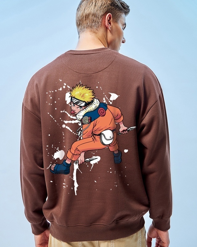 Shop Men's Brown Naruto Pose Graphic Printed Oversized Sweatshirt-Front