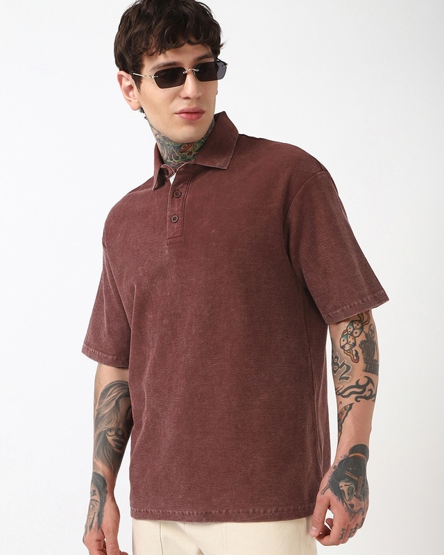Men's Brown Oversized Acid Wash Polo T-shirt