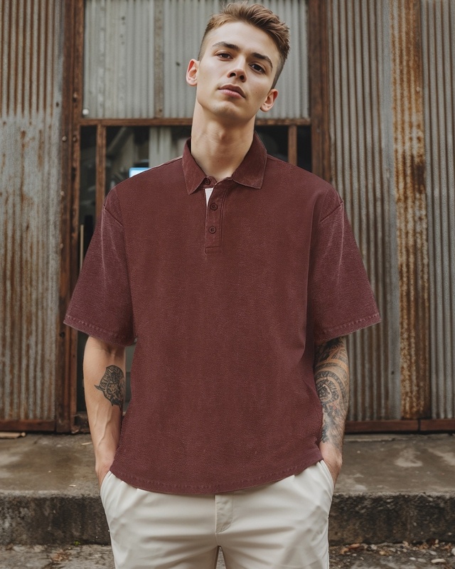 Shop Men's Brown Oversized Acid Wash Polo T-shirt-Front