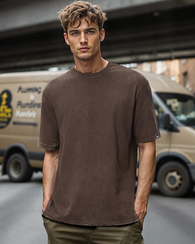 Shop Men's Brown Oversized Acid Wash T-shirt-Front