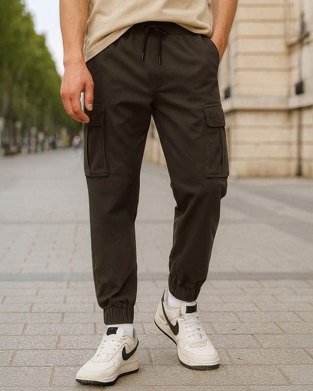 Shop Men's Brown Oversized Cargo Jogger Pants-Front