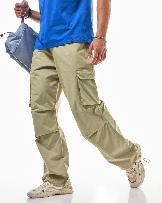 Shop Men's Brown Oversized Cargo Parachute Pants-Front