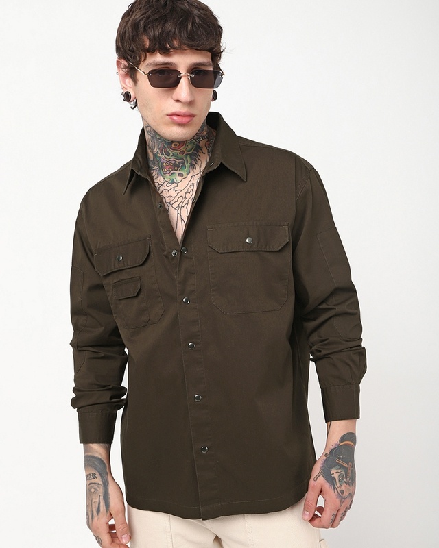 Shop Men's Brown Oversized Cargo Shirt-Front