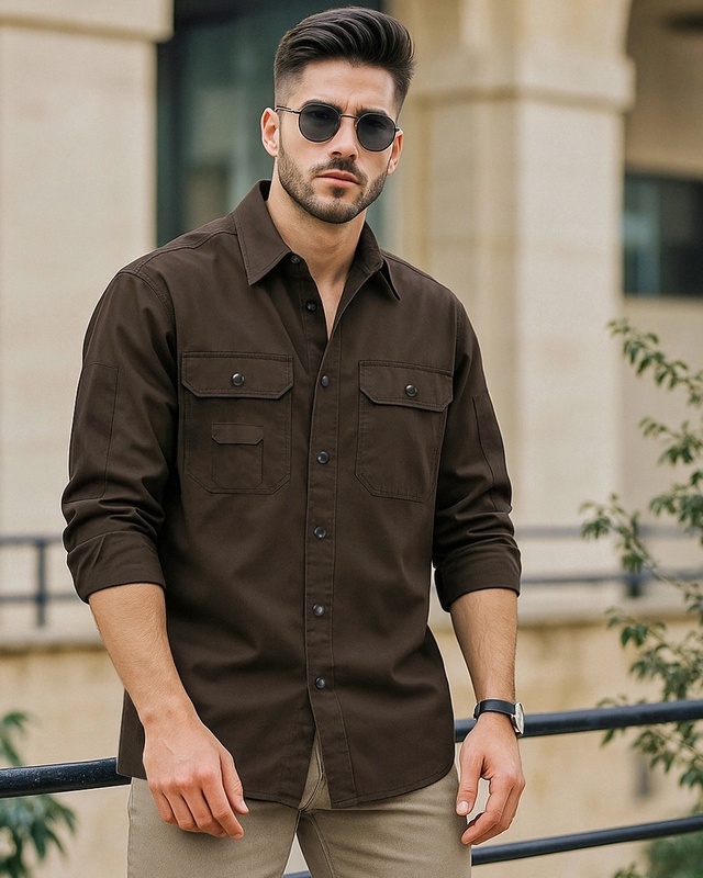 Shop Men's Brown Oversized Cargo Shirt-Front