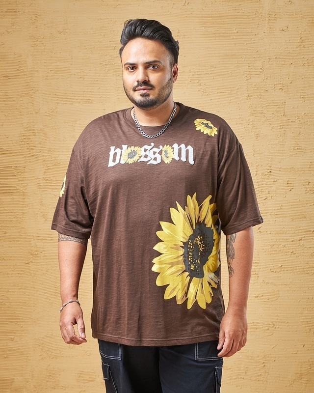 Shop Men's Brown Blossom Graphic Printed Oversized Plus Size T-shirt-Front