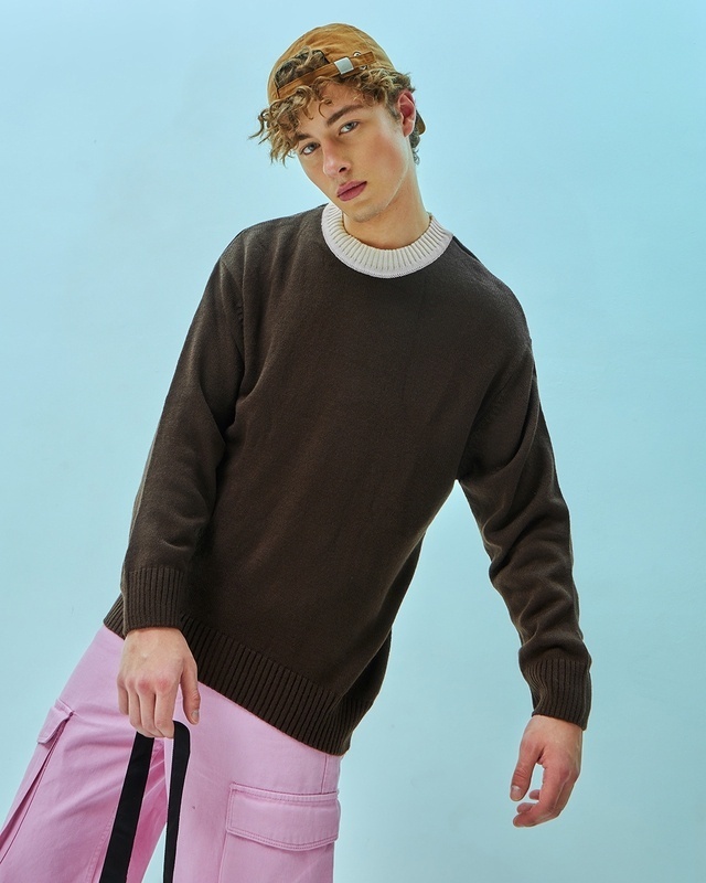 Shop Men's Brown Oversized Flat Knit Sweater-Front