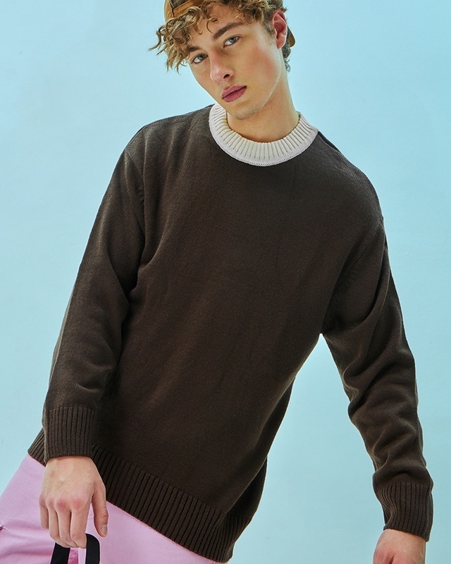 Shop Men's Brown Oversized Flat Knit Sweater-Front