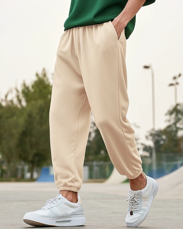 Shop Men's Beige Oversized Joggers-Front