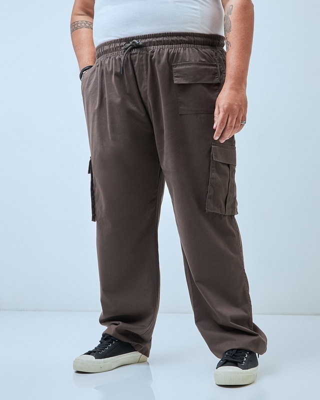 Shop Men's Brown Oversized Plus Size Cargo Pants-Front