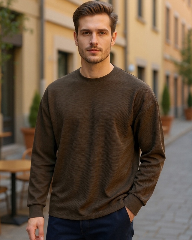 Shop Men's Brown Textured Oversized T-shirt-Front